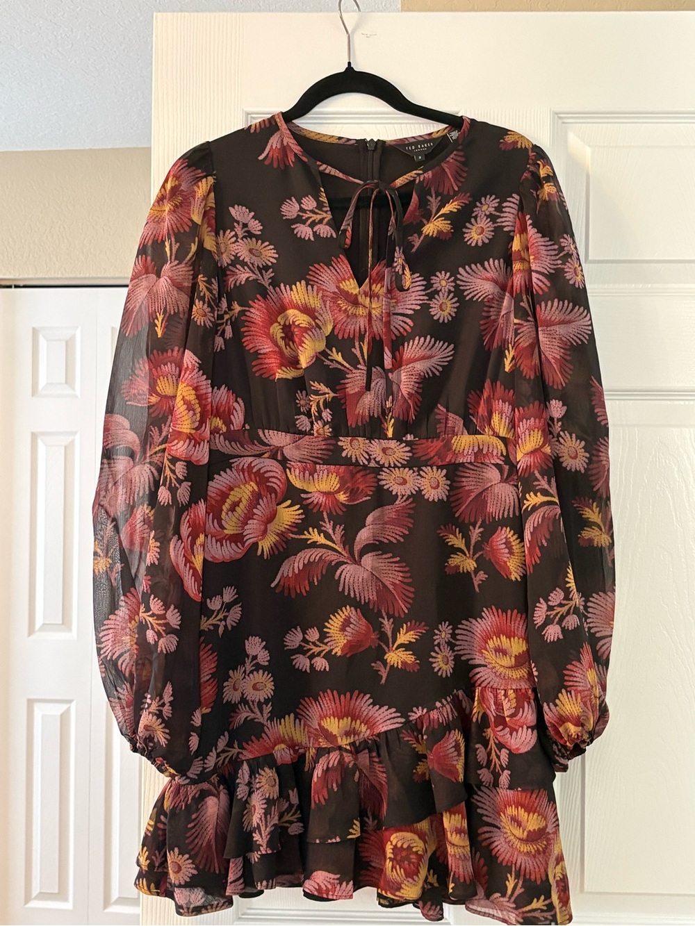 Ted Baker Dress Piera Black Floral Long-Sleeve Ruffle Mini